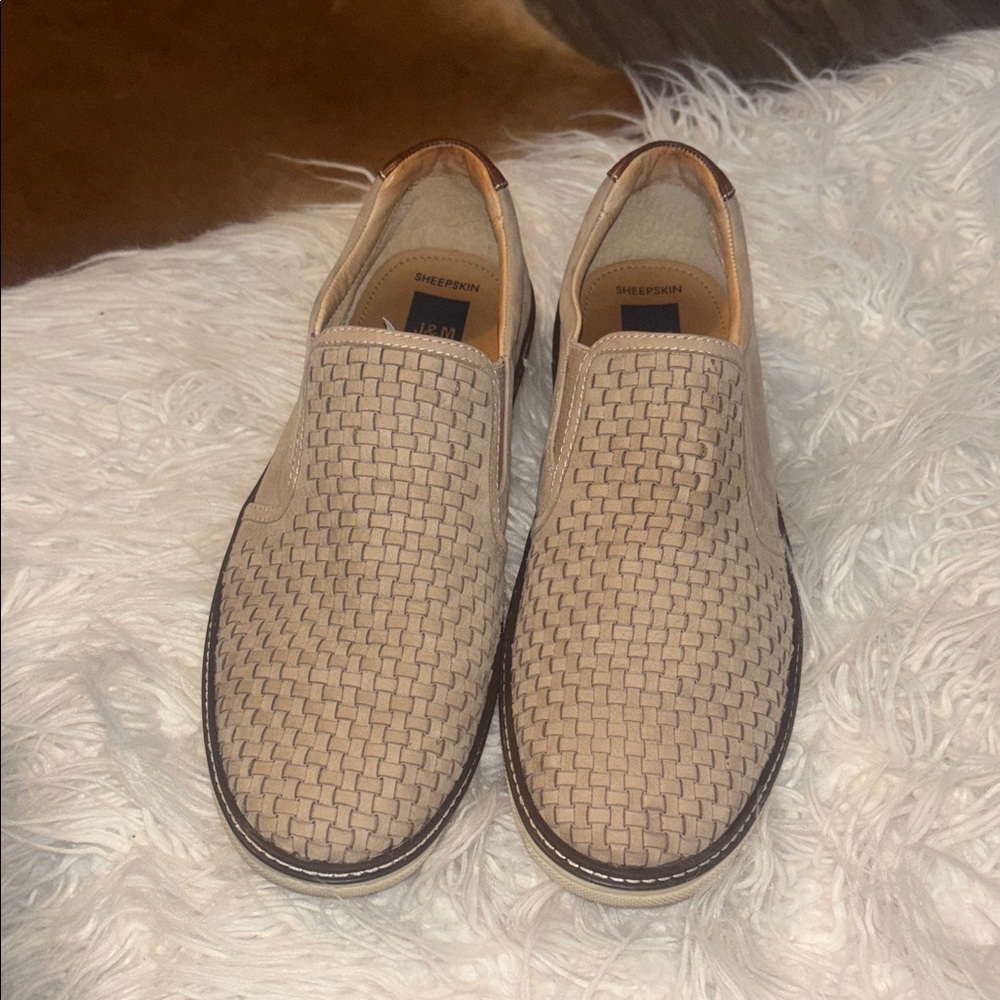 Johnston & Murphy Men's McGuffey 2 Woven Slip-On shoes in beige nubuck leather.